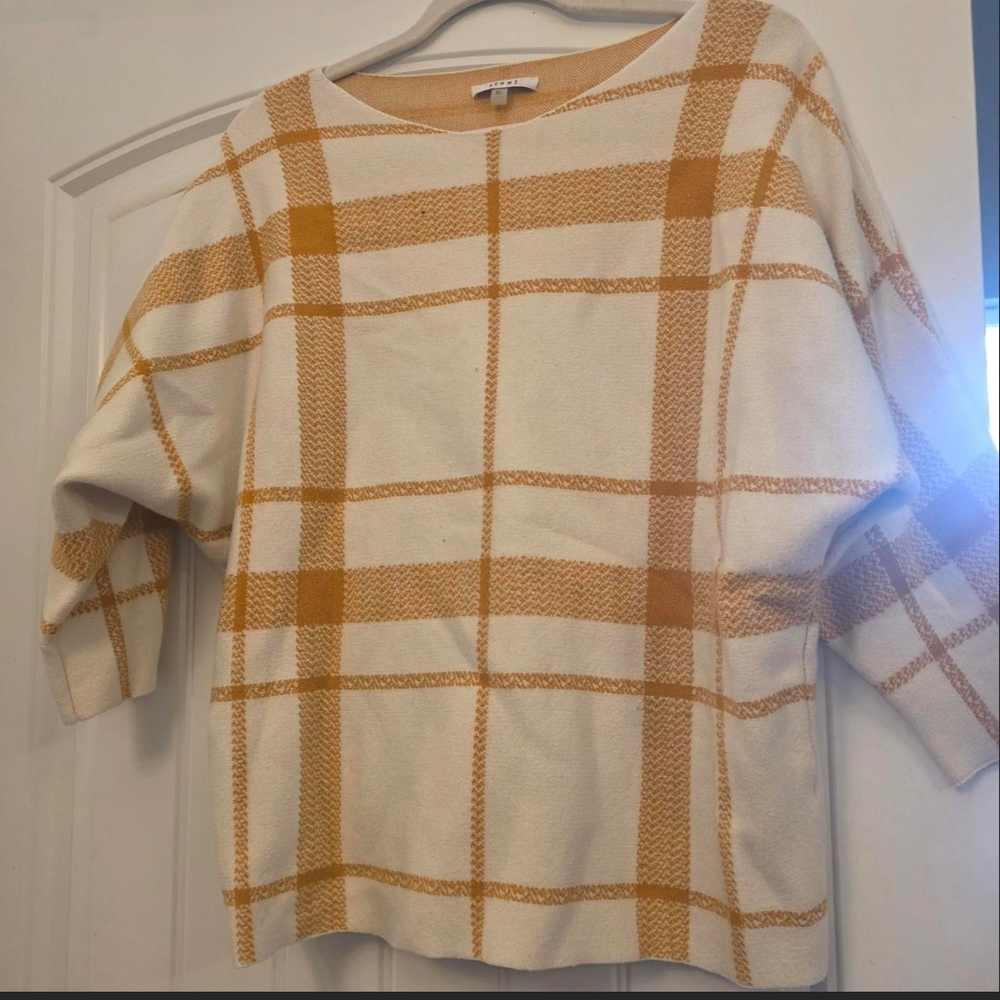 Sioni Cream and Mustard Plaid Scoop Neck Sweater